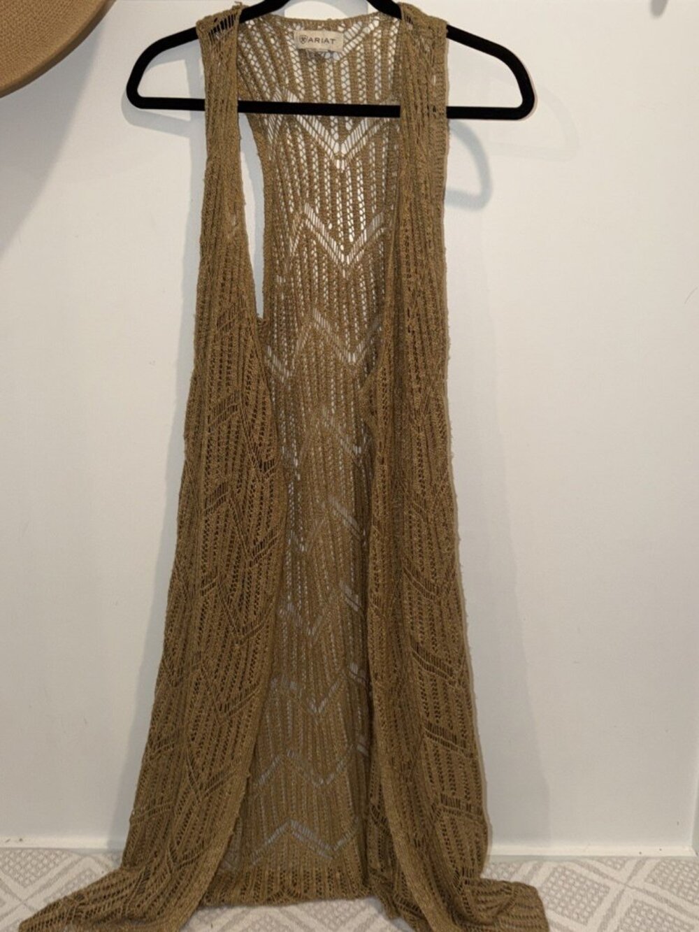 Ariat Vest Womens Medium Brown Open Knit Crochet Duster Cardigan Longline